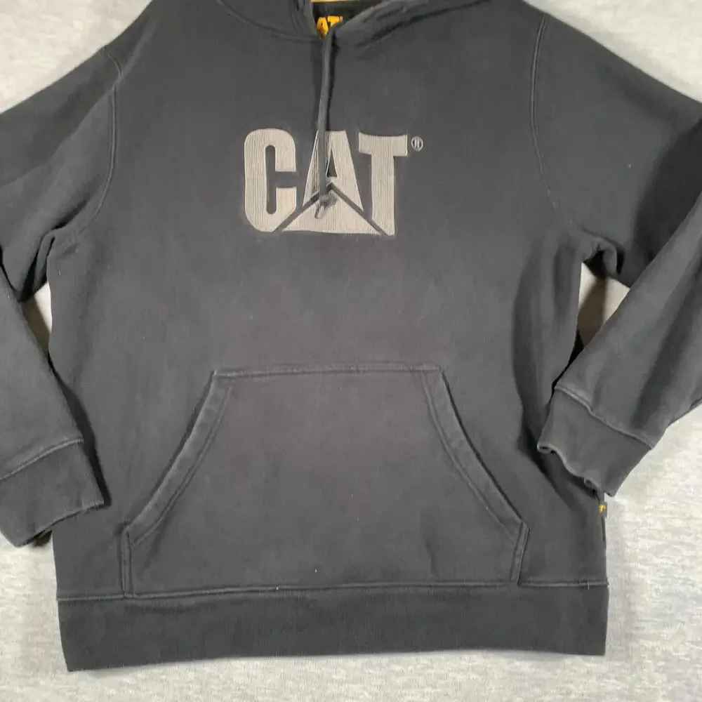 CAT Hoodie Mens XL Black Pullover Fleece Kangaroo Pocket Logo Workwear Graphic